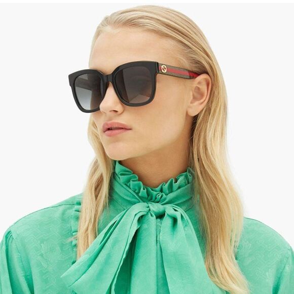 GUCCI GG0034SN 002 Sunglasses Black Green Red Grey Gradient Rectangle Women - Picture 5 of 10